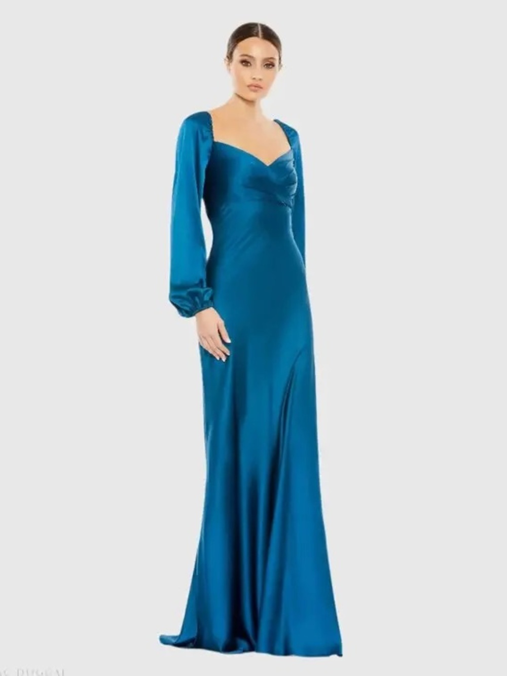 Mac Duggal Sweetheart Neckline Puff Sleeve Maxi Gown Ocean Blue 14 NWT 495191